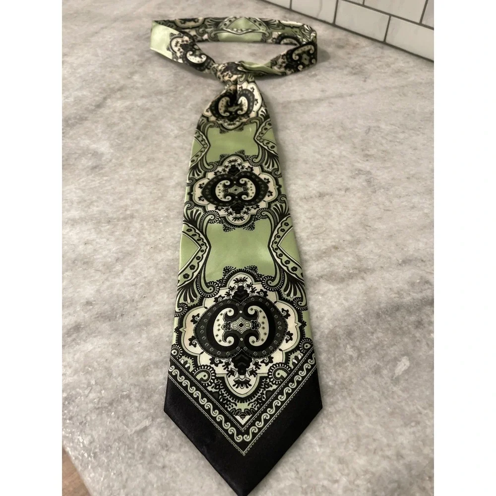 Karl Knox Tie Mens OS Green Paisley Medallion Baroque Formal Hand Made Necktie